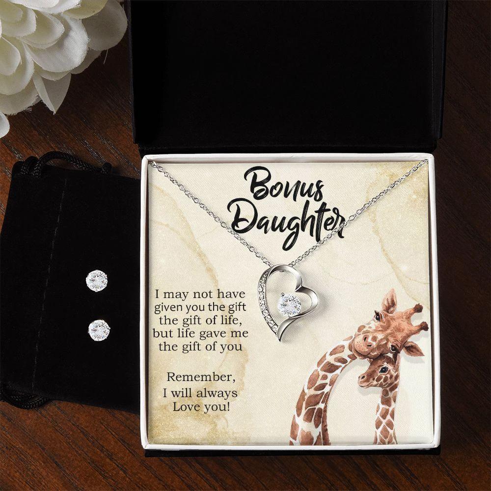 To My Bonus Daughter Forever Love Heart Pendant Necklace and Earring Set