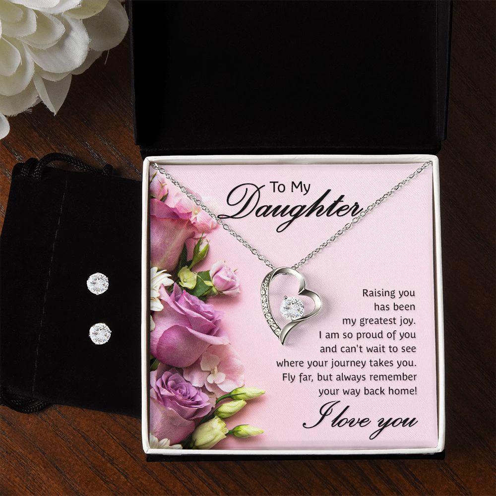 To My Daughter- Raising You My Greatest Joy Forever Love Heart Pendant Necklace and Earring Set