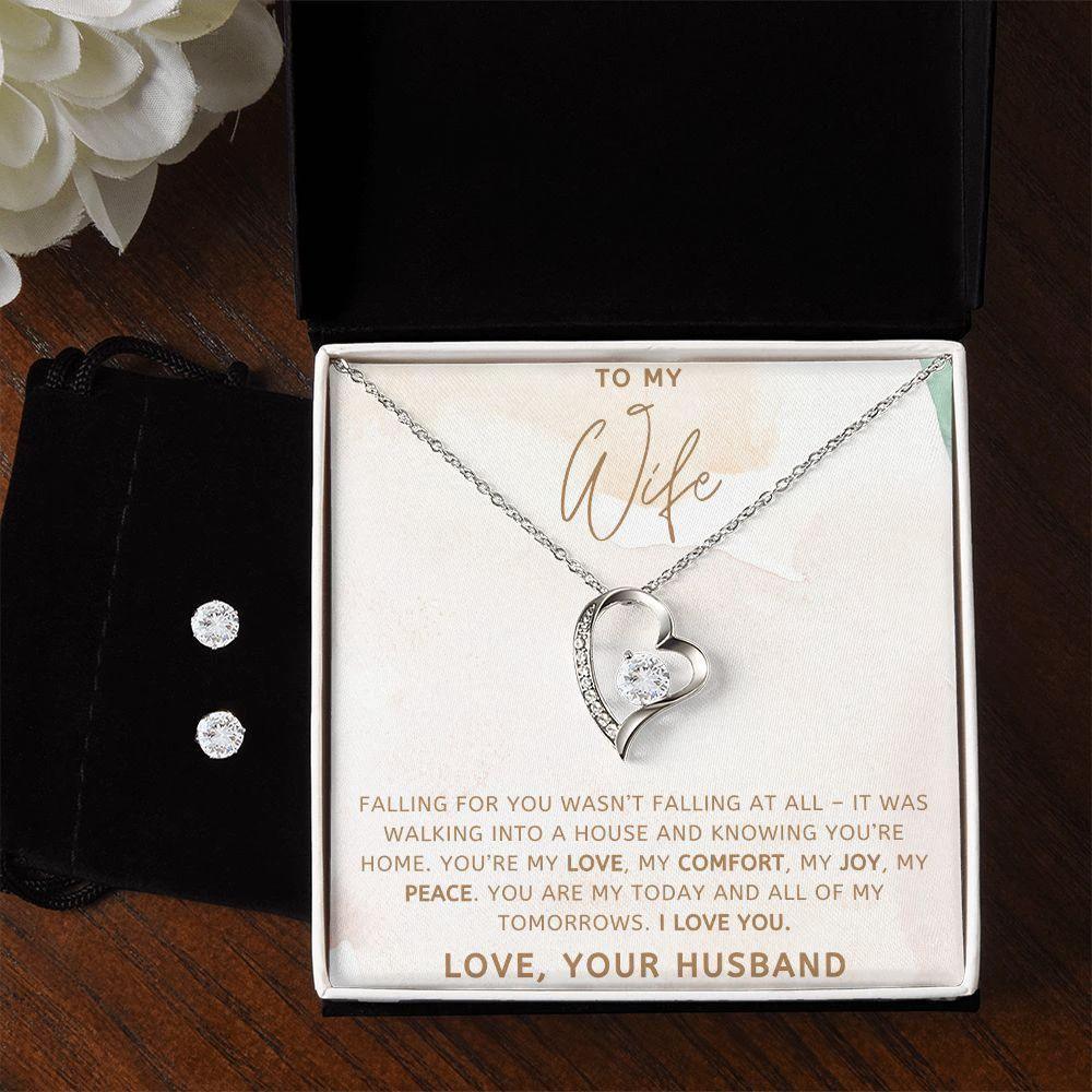 To My Wife - My Love, My Comfort, My Joy, My Peace - Forever Love Heart Pendant and Earring Set