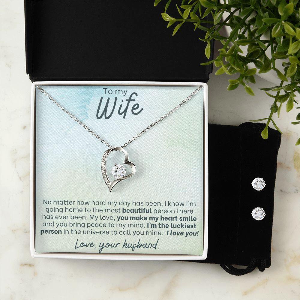 To My Wife - Make my Heart Smile - Forever Love Heart Pendant and Earring Set