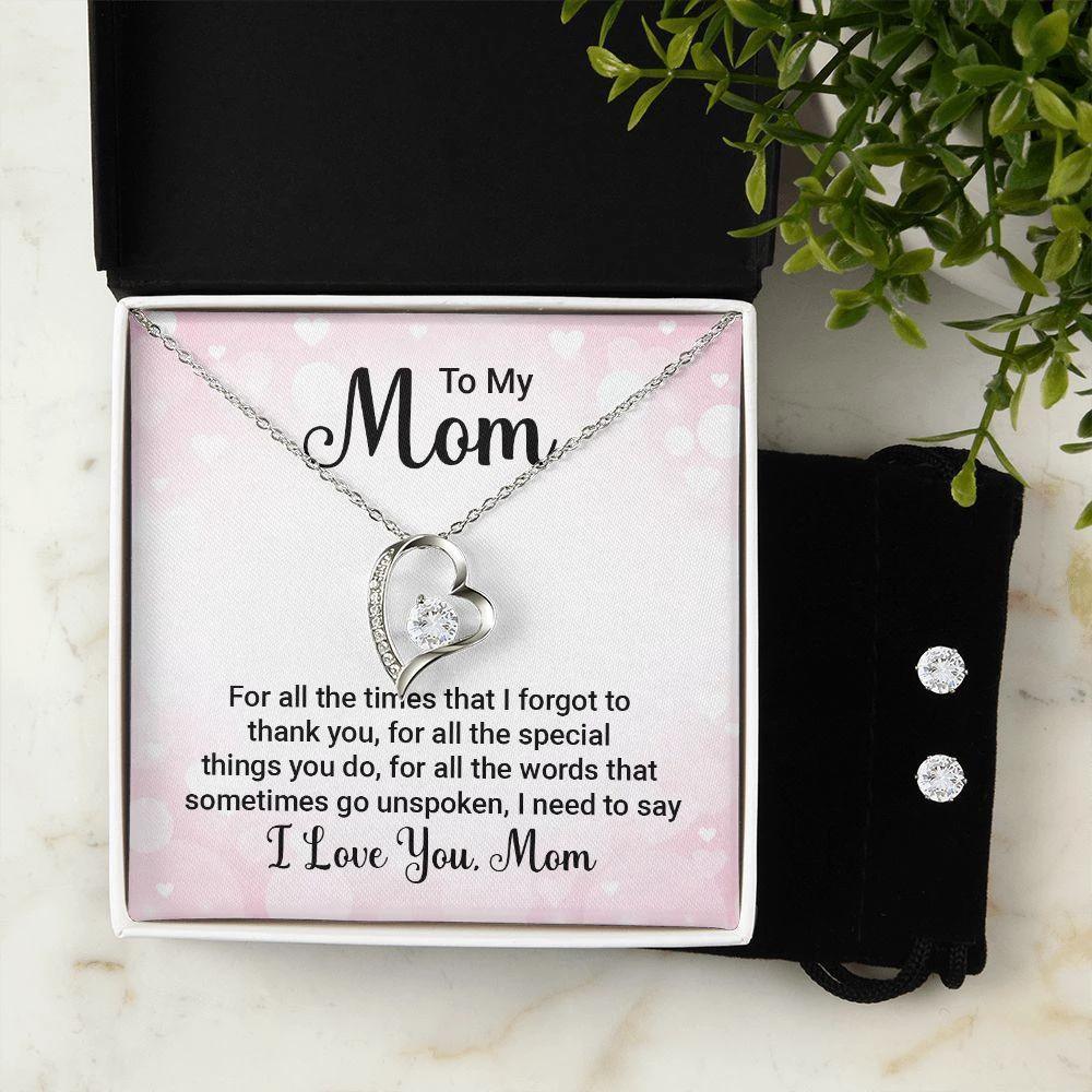 To My Mom Forever Love Heart Pendant Necklace and Earring Set