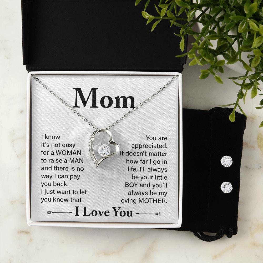 Gift for Mom from Son Forever Love Heart Pendant Necklace and Earring Set
