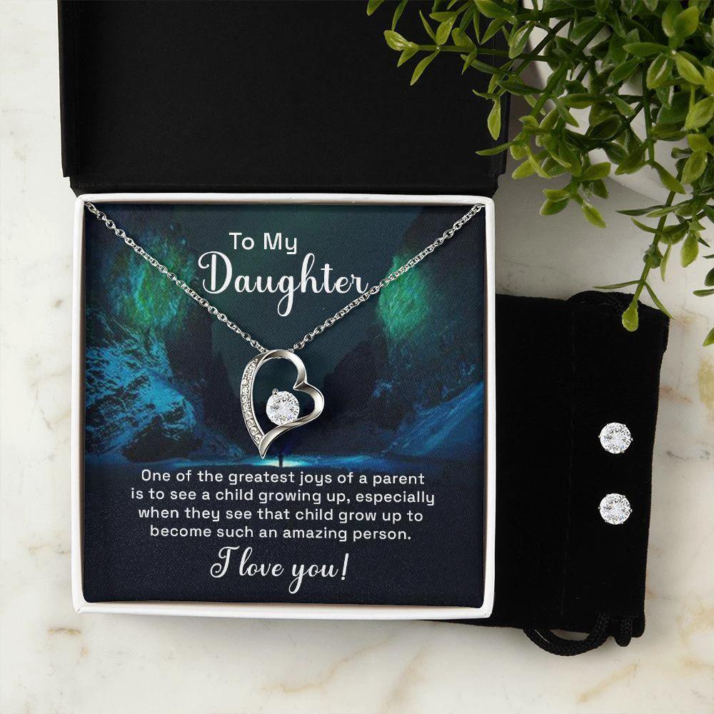To My Daughter - One of the Greatest Joys Forever Love Heart Pendant Necklace and Earring Set