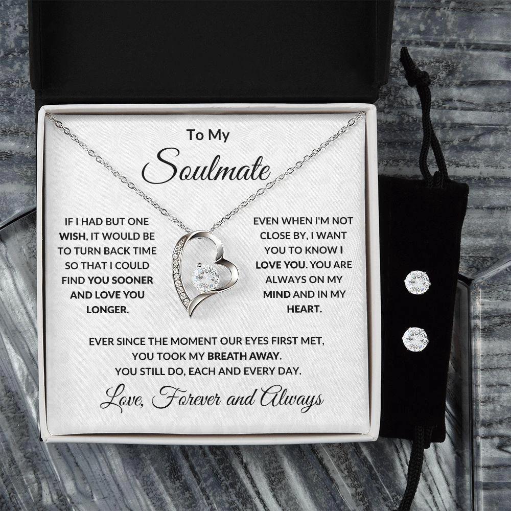 Gift for Soulmate Forever and Always Heart Necklace and Earring Set