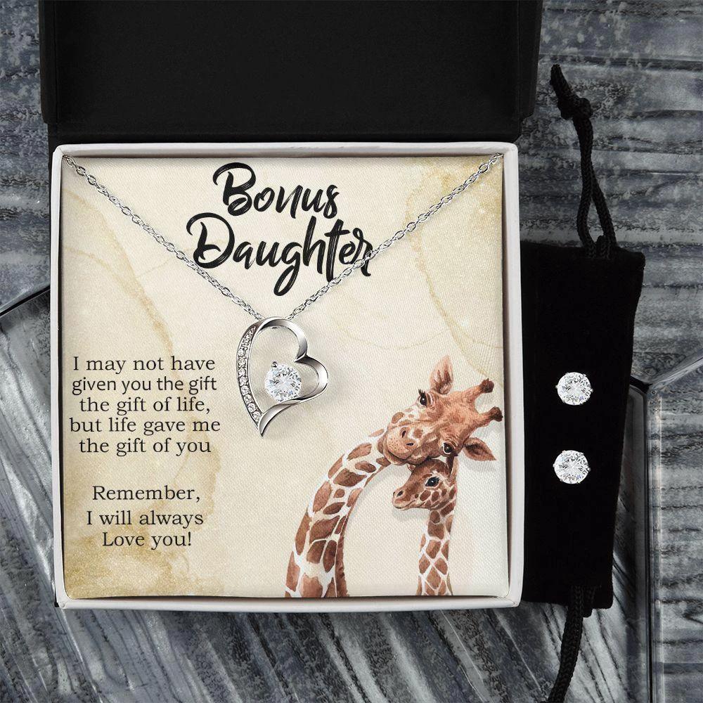 To My Bonus Daughter Forever Love Heart Pendant Necklace and Earring Set