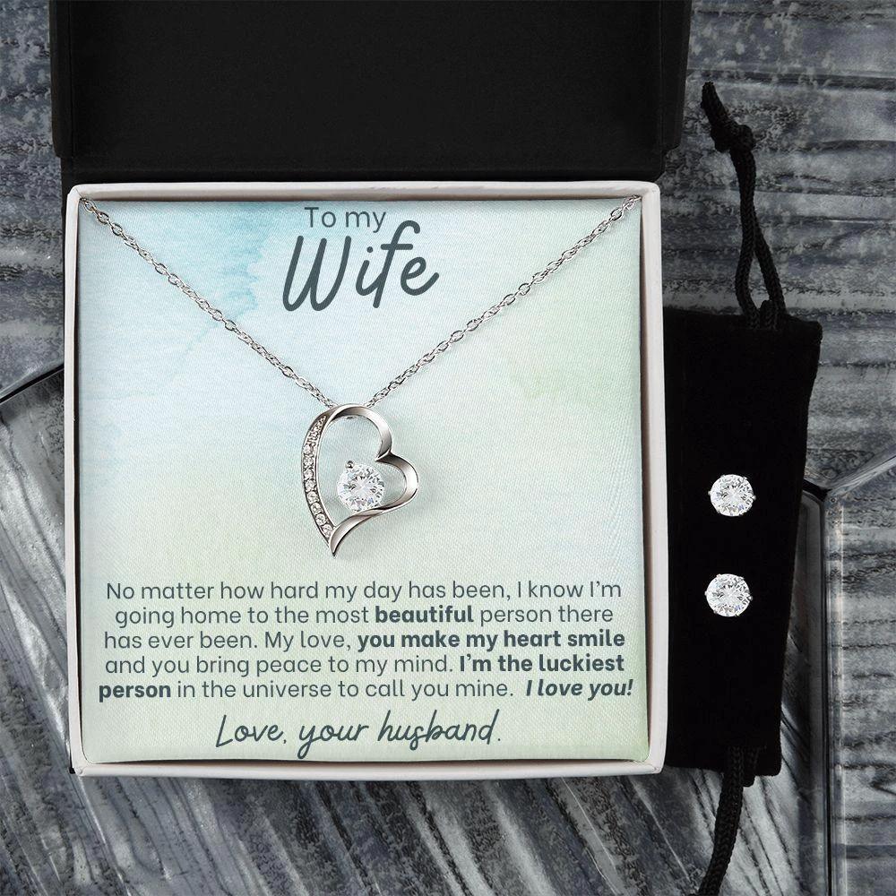 To My Wife - Make my Heart Smile - Forever Love Heart Pendant and Earring Set