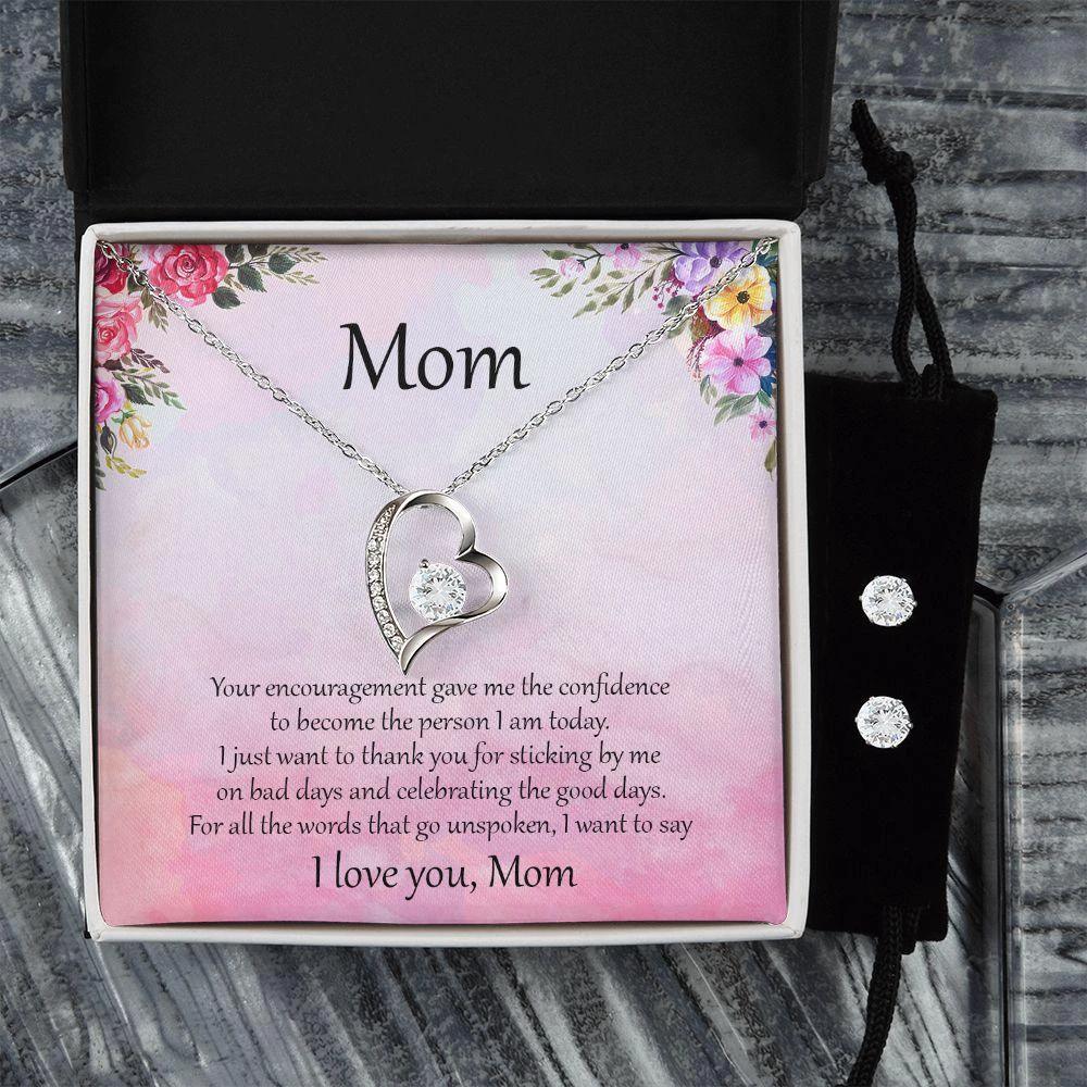 Gift for Mom Unspoken Words Forever Love Heart Pendant Necklace and Earring Set