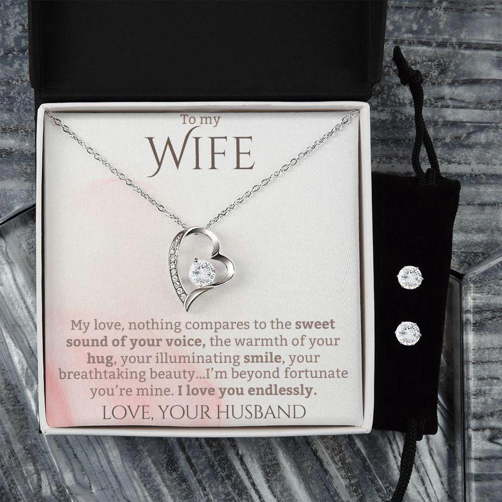 To My Wife - I Love your Endlessly - Forever Love Heart Pendant and Earring Set