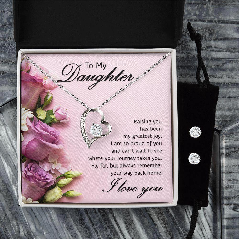 To My Daughter- Raising You My Greatest Joy Forever Love Heart Pendant Necklace and Earring Set