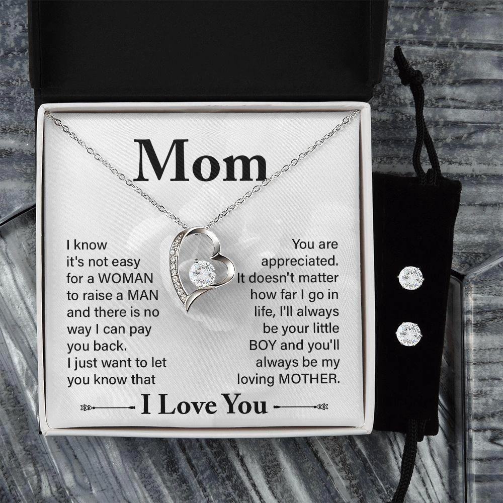 Gift for Mom from Son Forever Love Heart Pendant Necklace and Earring Set