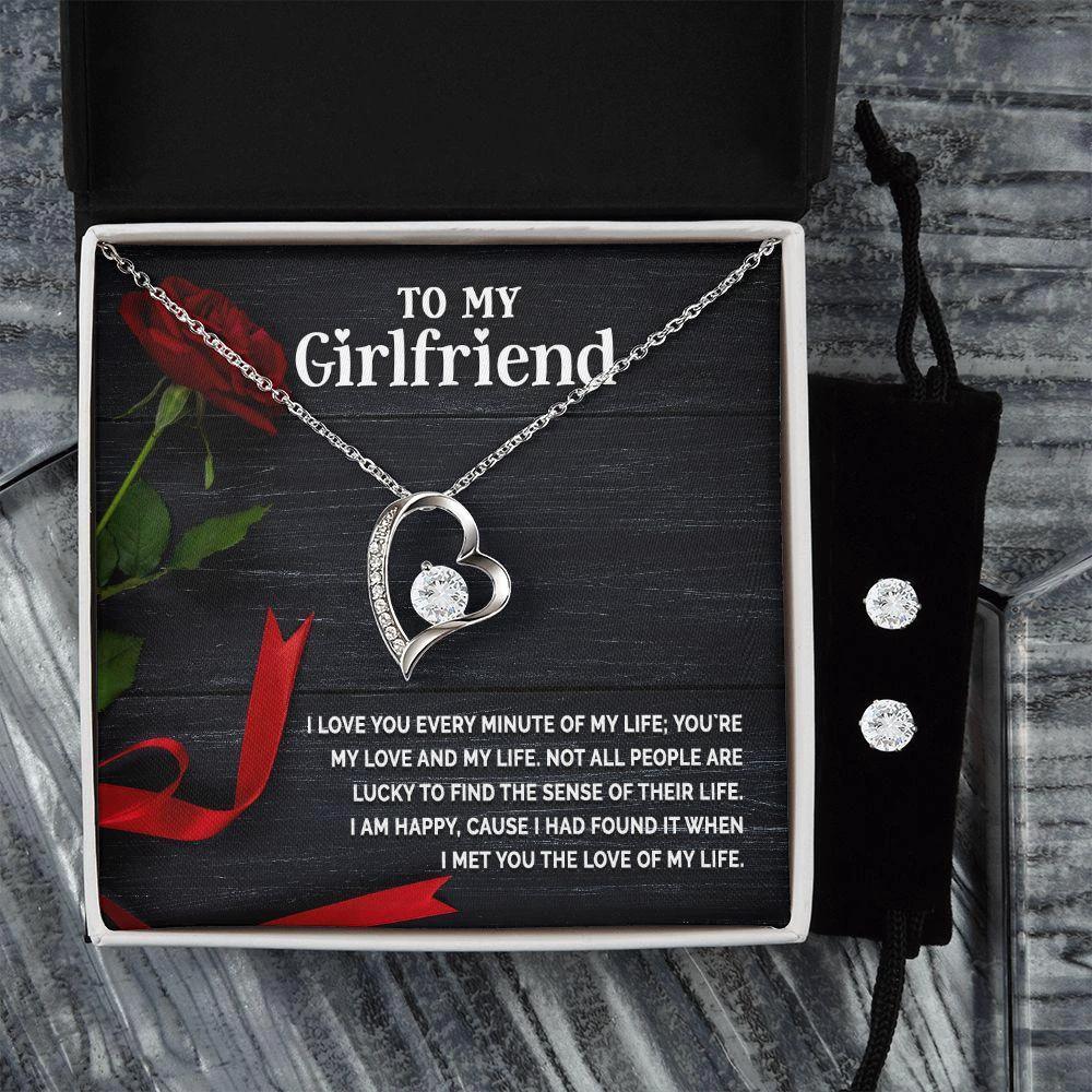 To My Girlfriend - I Love You Every Minute of My Life Forever Love Heart Pendant Necklace and Earring Set