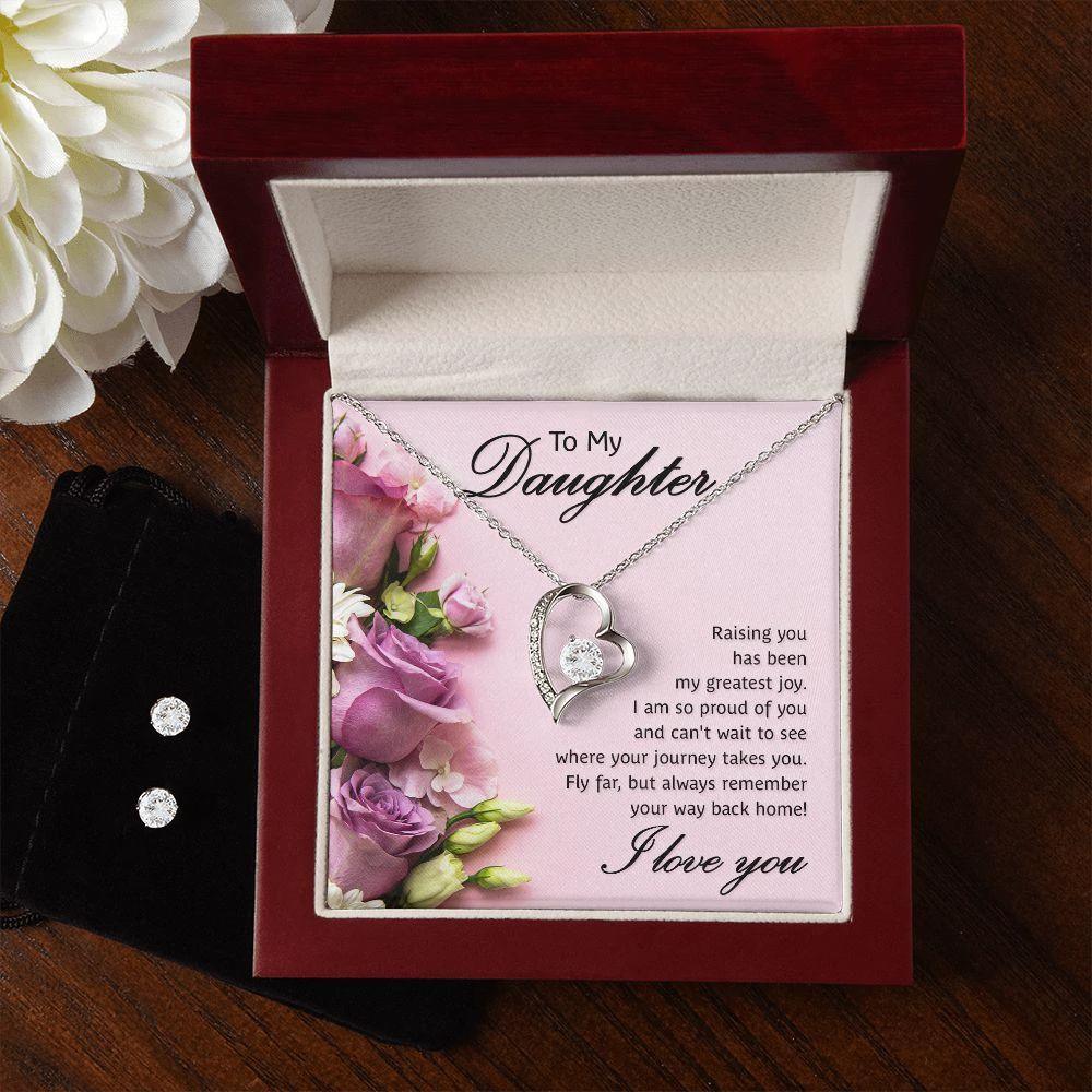 To My Daughter- Raising You My Greatest Joy Forever Love Heart Pendant Necklace and Earring Set