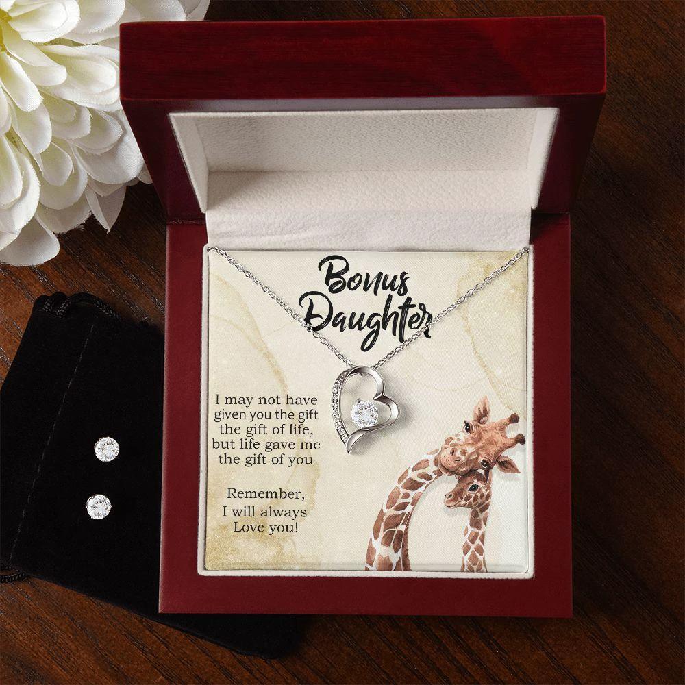 To My Bonus Daughter Forever Love Heart Pendant Necklace and Earring Set