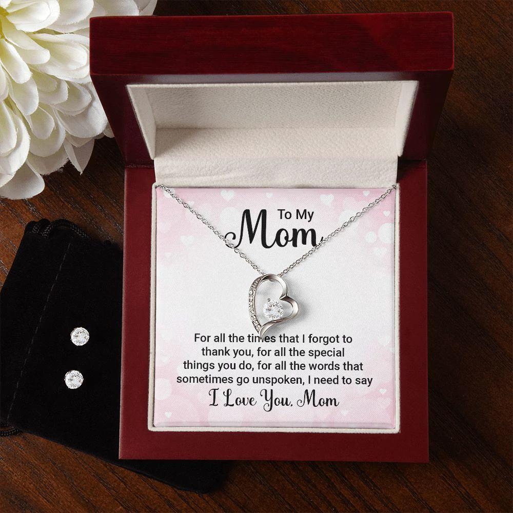 To My Mom Forever Love Heart Pendant Necklace and Earring Set