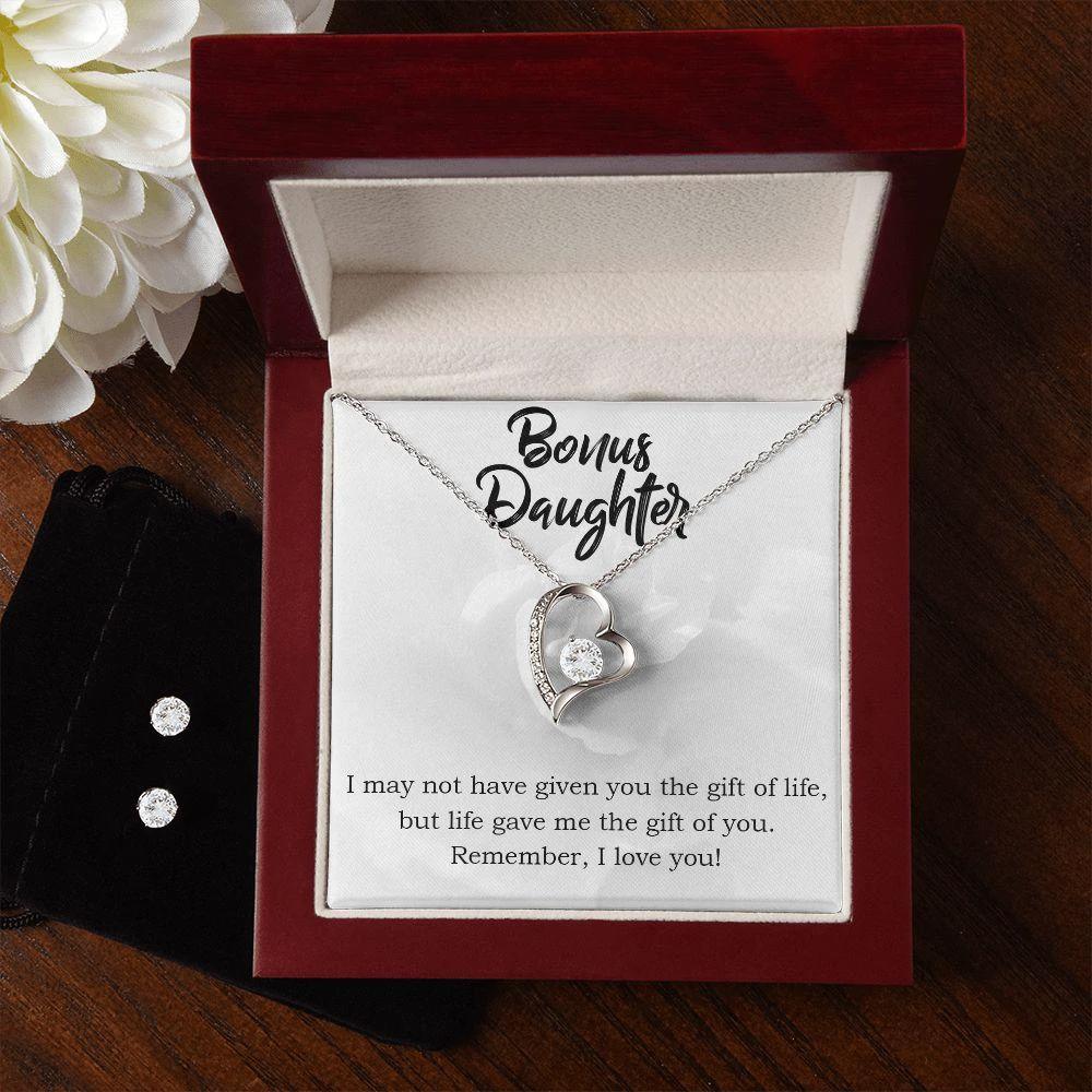 To My Bonus Daughter Gift Forever Love Heart Pendant Necklace and Earring Set