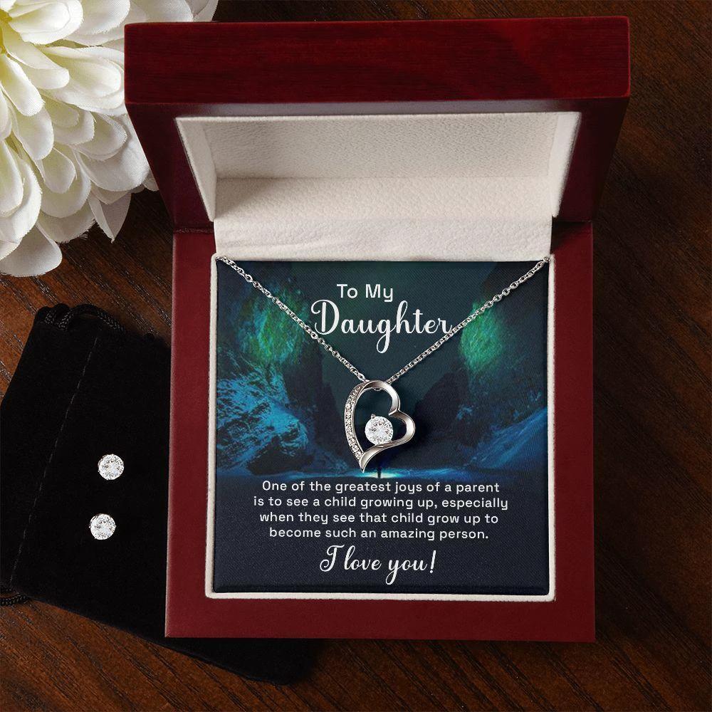 To My Daughter - One of the Greatest Joys Forever Love Heart Pendant Necklace and Earring Set