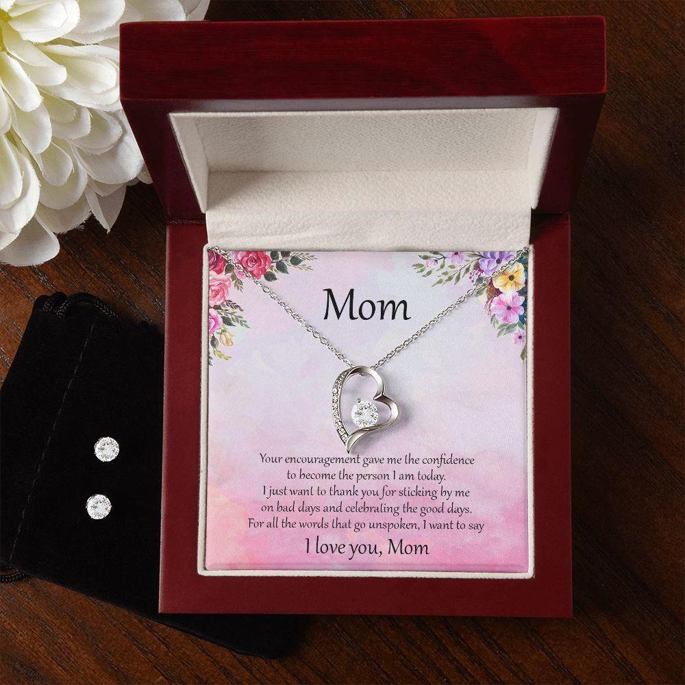 Gift for Mom Unspoken Words Forever Love Heart Pendant Necklace and Earring Set