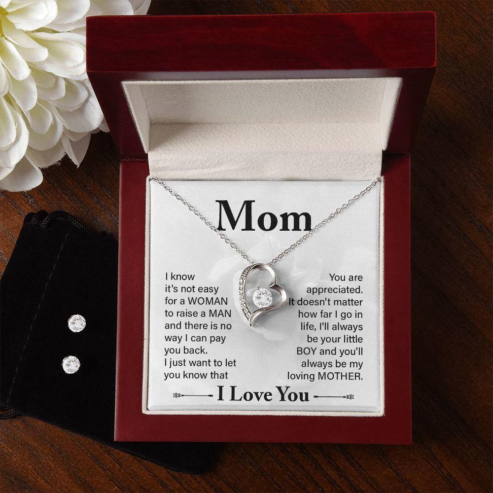 Gift for Mom from Son Forever Love Heart Pendant Necklace and Earring Set