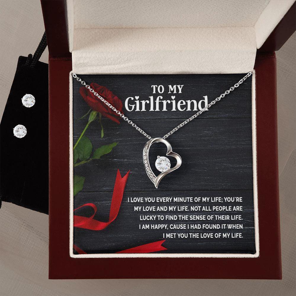 To My Girlfriend - I Love You Every Minute of My Life Forever Love Heart Pendant Necklace and Earring Set