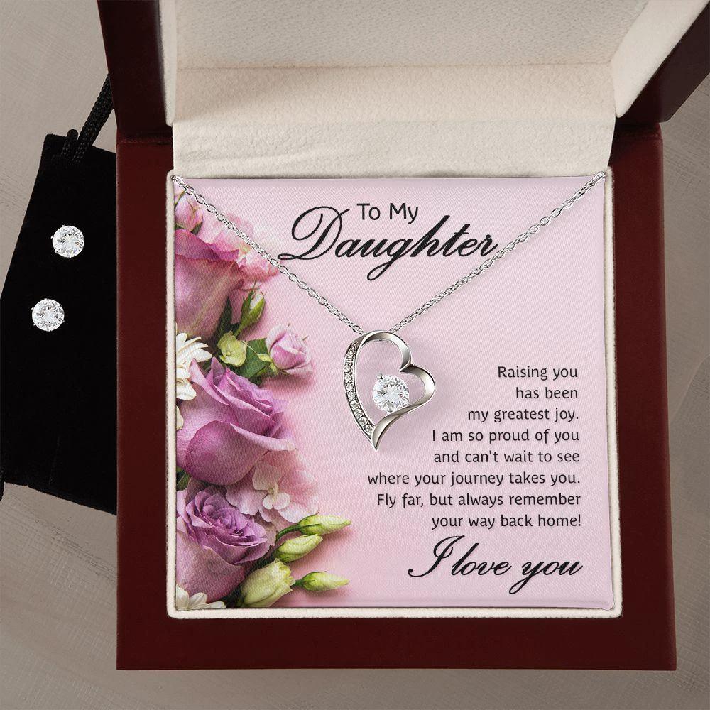 To My Daughter- Raising You My Greatest Joy Forever Love Heart Pendant Necklace and Earring Set