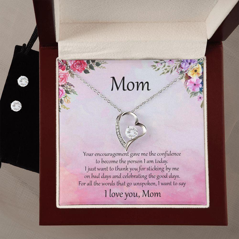 Gift for Mom Unspoken Words Forever Love Heart Pendant Necklace and Earring Set