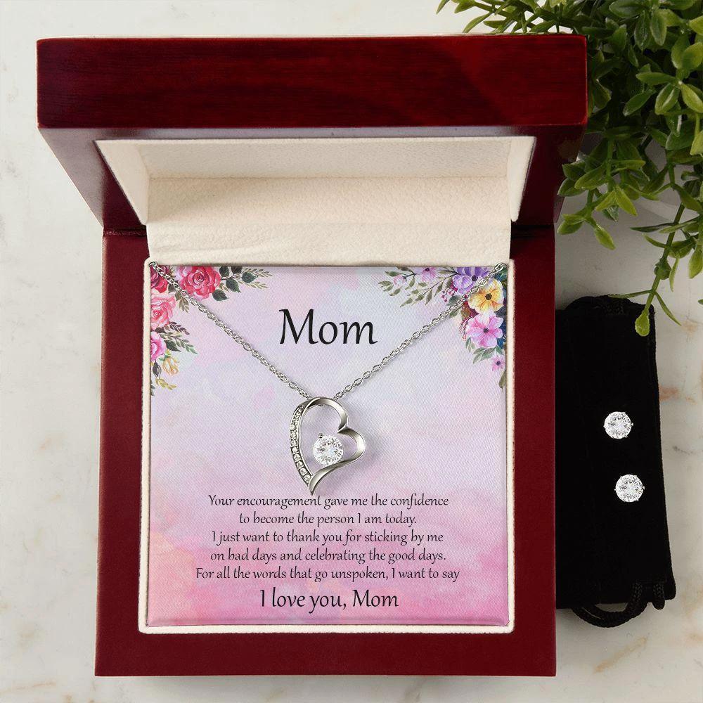 Gift for Mom Unspoken Words Forever Love Heart Pendant Necklace and Earring Set