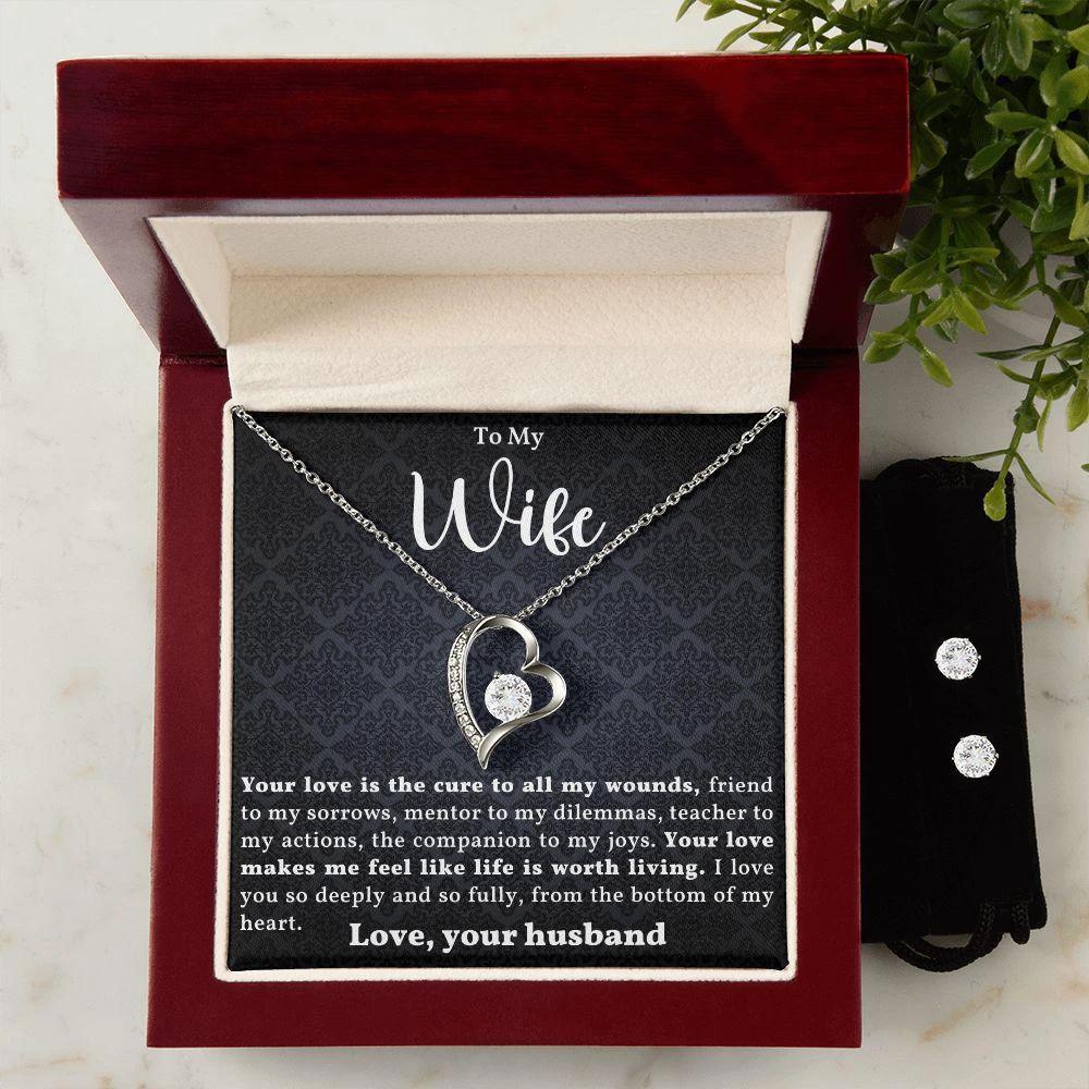 To My Wife- I Love You from the Bottom of my Heart - Forever Love Heart Pendant and Earring Set