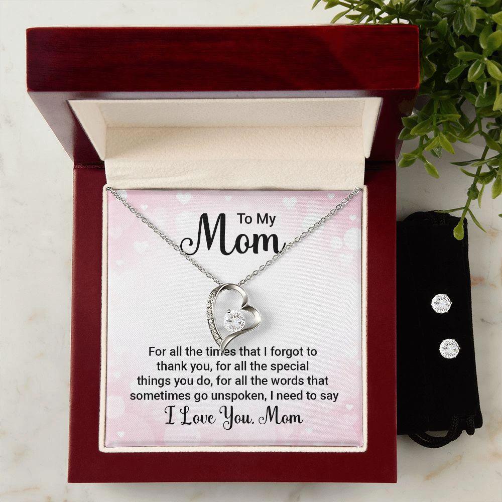 To My Mom Forever Love Heart Pendant Necklace and Earring Set