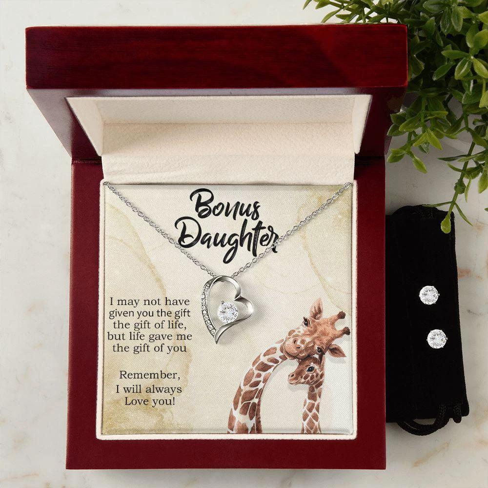 To My Bonus Daughter Forever Love Heart Pendant Necklace and Earring Set