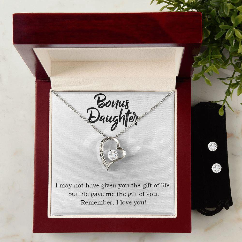 To My Bonus Daughter Gift Forever Love Heart Pendant Necklace and Earring Set