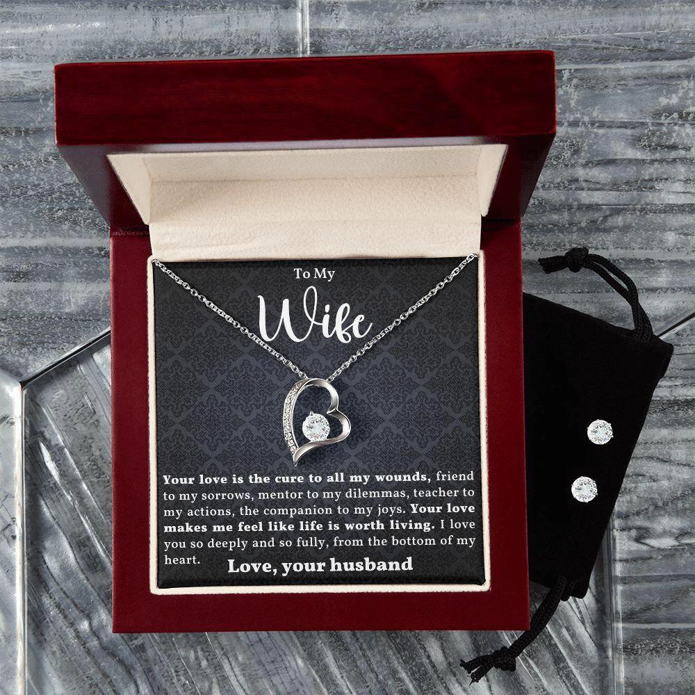 To My Wife- I Love You from the Bottom of my Heart - Forever Love Heart Pendant and Earring Set