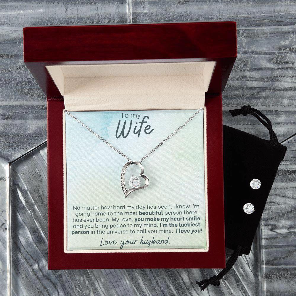 To My Wife - Make my Heart Smile - Forever Love Heart Pendant and Earring Set