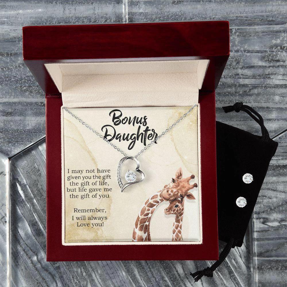 To My Bonus Daughter Forever Love Heart Pendant Necklace and Earring Set