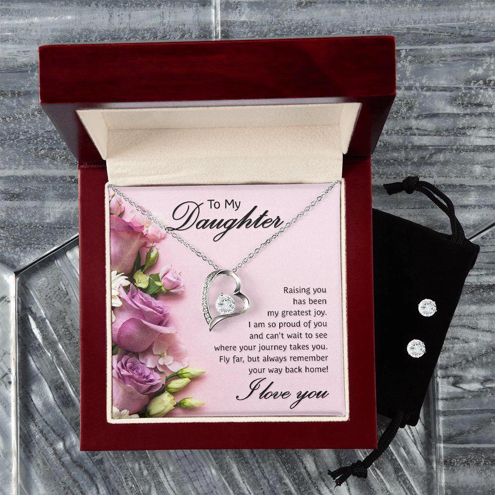 To My Daughter- Raising You My Greatest Joy Forever Love Heart Pendant Necklace and Earring Set