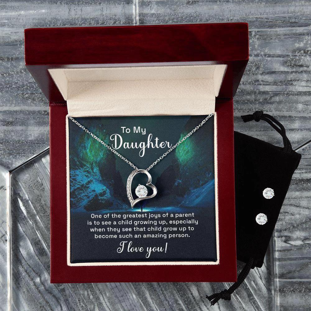 To My Daughter - One of the Greatest Joys Forever Love Heart Pendant Necklace and Earring Set