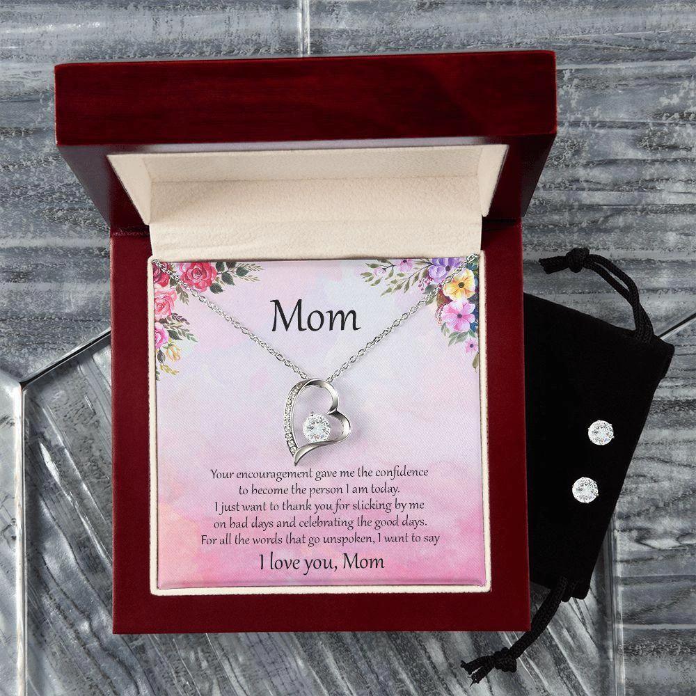 Gift for Mom Unspoken Words Forever Love Heart Pendant Necklace and Earring Set