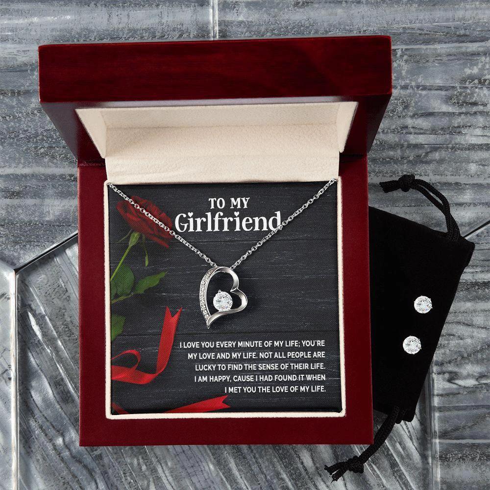 To My Girlfriend - I Love You Every Minute of My Life Forever Love Heart Pendant Necklace and Earring Set