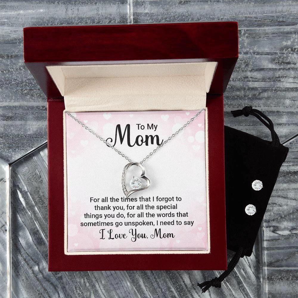 To My Mom Forever Love Heart Pendant Necklace and Earring Set