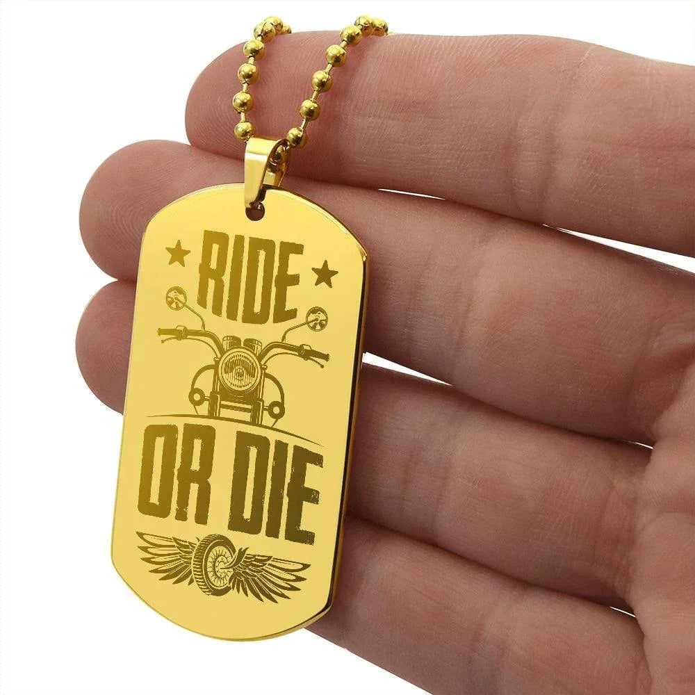 Gift for Biker Ride Or Die Engraved Dog Tag Necklace