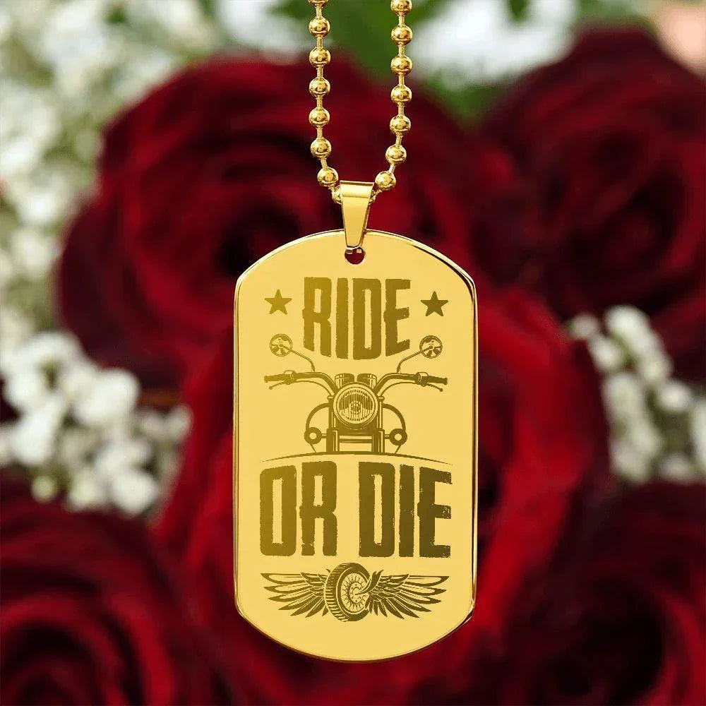 Gift for Biker Ride Or Die Engraved Dog Tag Necklace