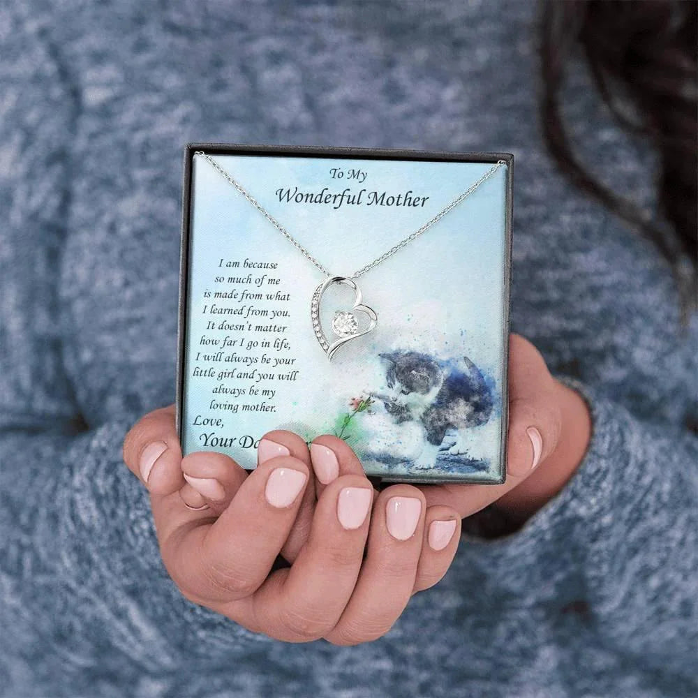 Gift for Mother from Daughter Forever Love Heart Pendant Necklace with Kitten Message Card