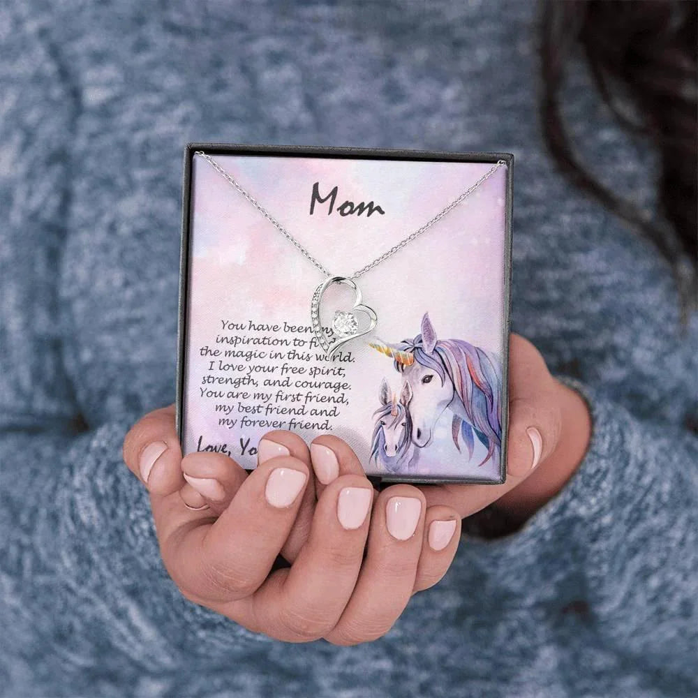 Gift for Mother Forever Love Heart Pendant Necklace From Daughter Unicorn Message Card