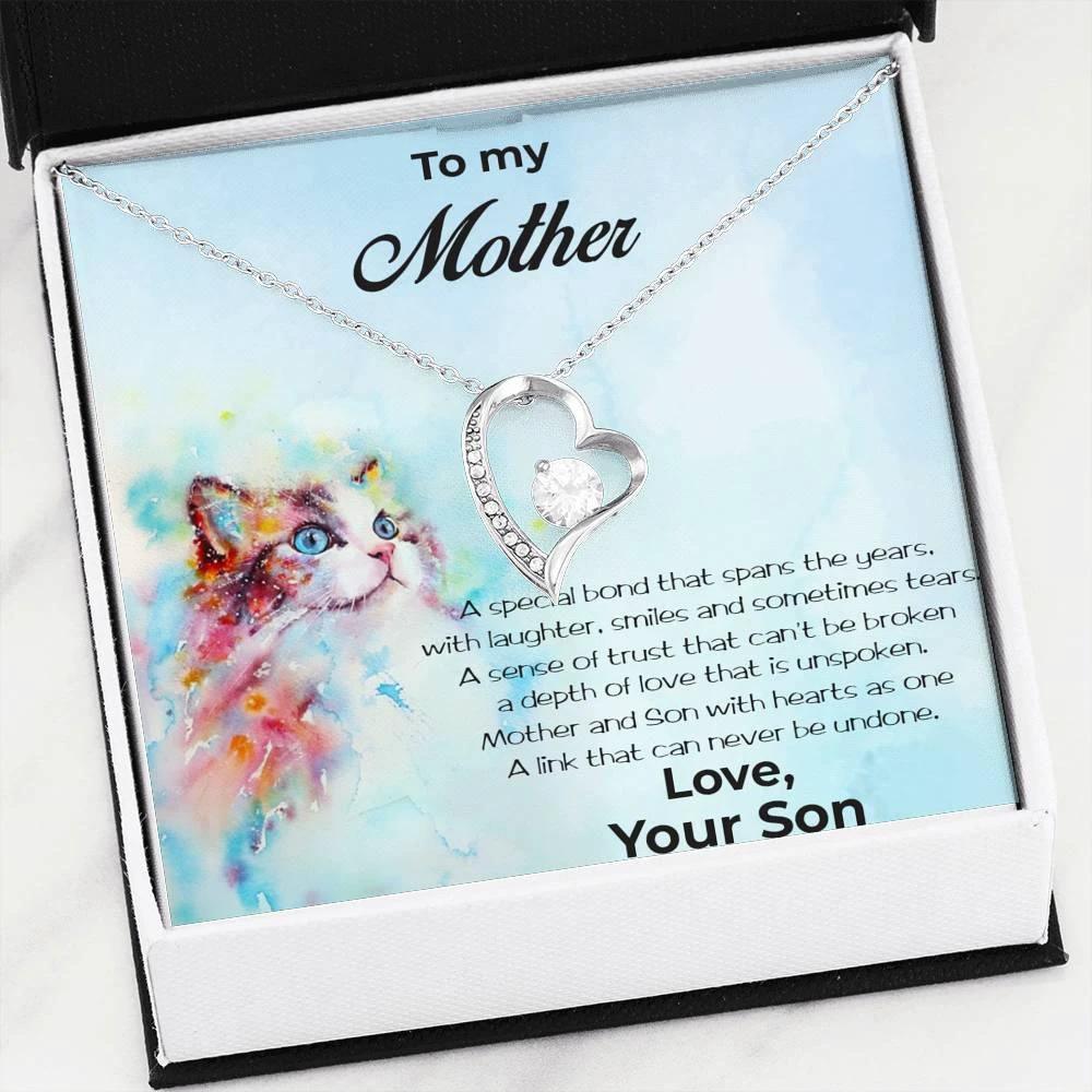 Gift for Mother From Son Forever Love Heart Pendant Necklace Cat Message Card