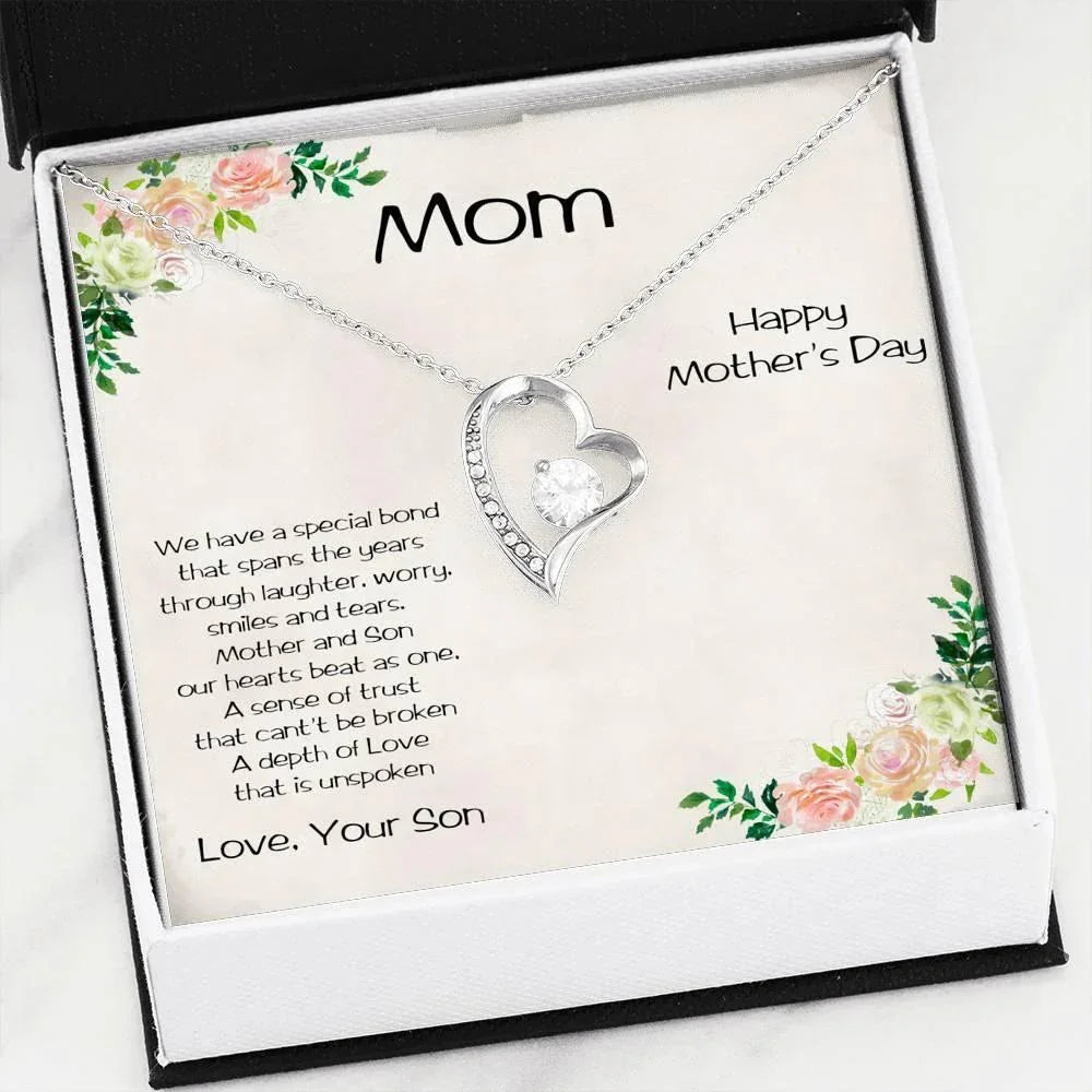 Gift for Mother from Son Forever Love Heart Necklace Vintage Rose Message Card