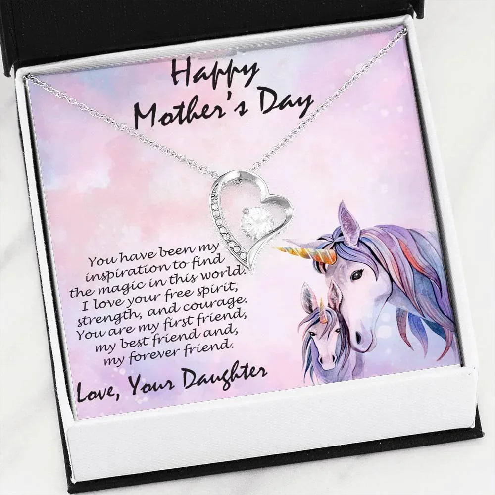 Mother's Day Gift from Daughter Forever Love Heart Pendant Necklace Unicorn Message Card