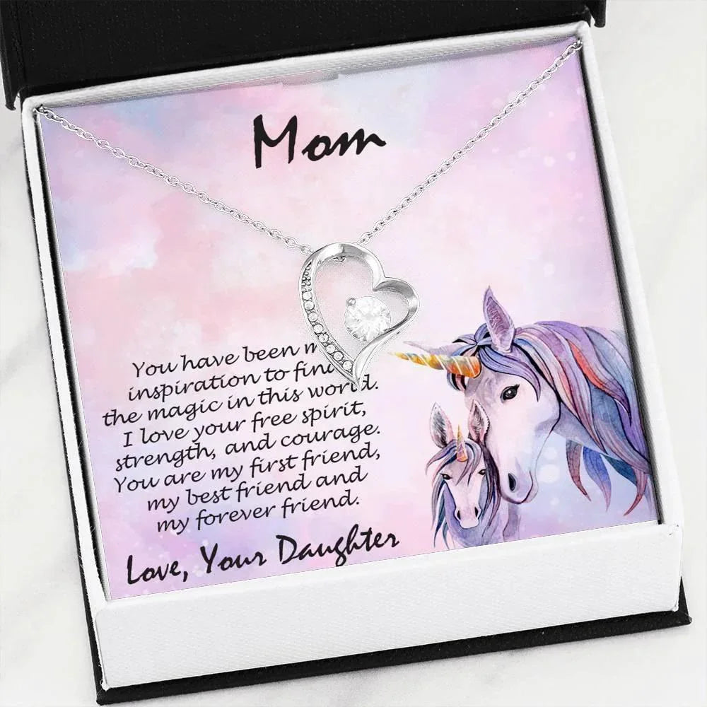 Gift for Mother Forever Love Heart Pendant Necklace From Daughter Unicorn Message Card