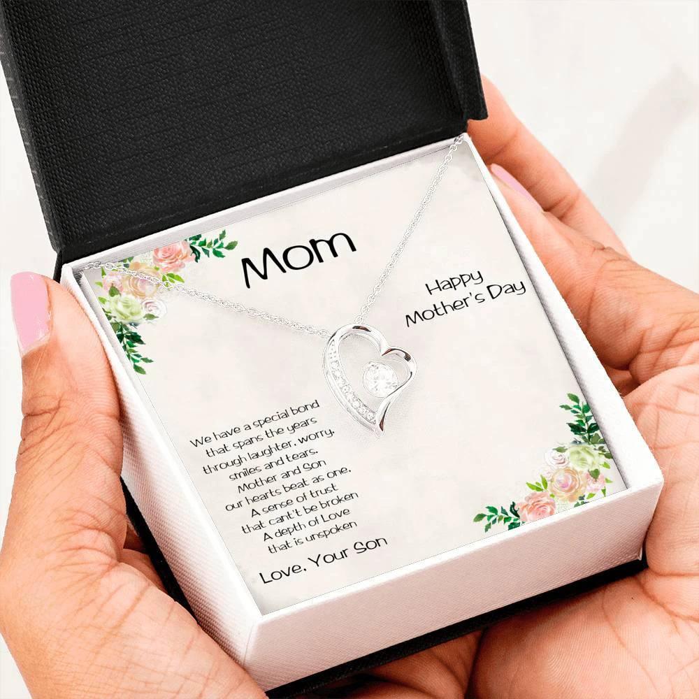 Gift for Mother from Son Forever Love Heart Necklace Vintage Rose Message Card