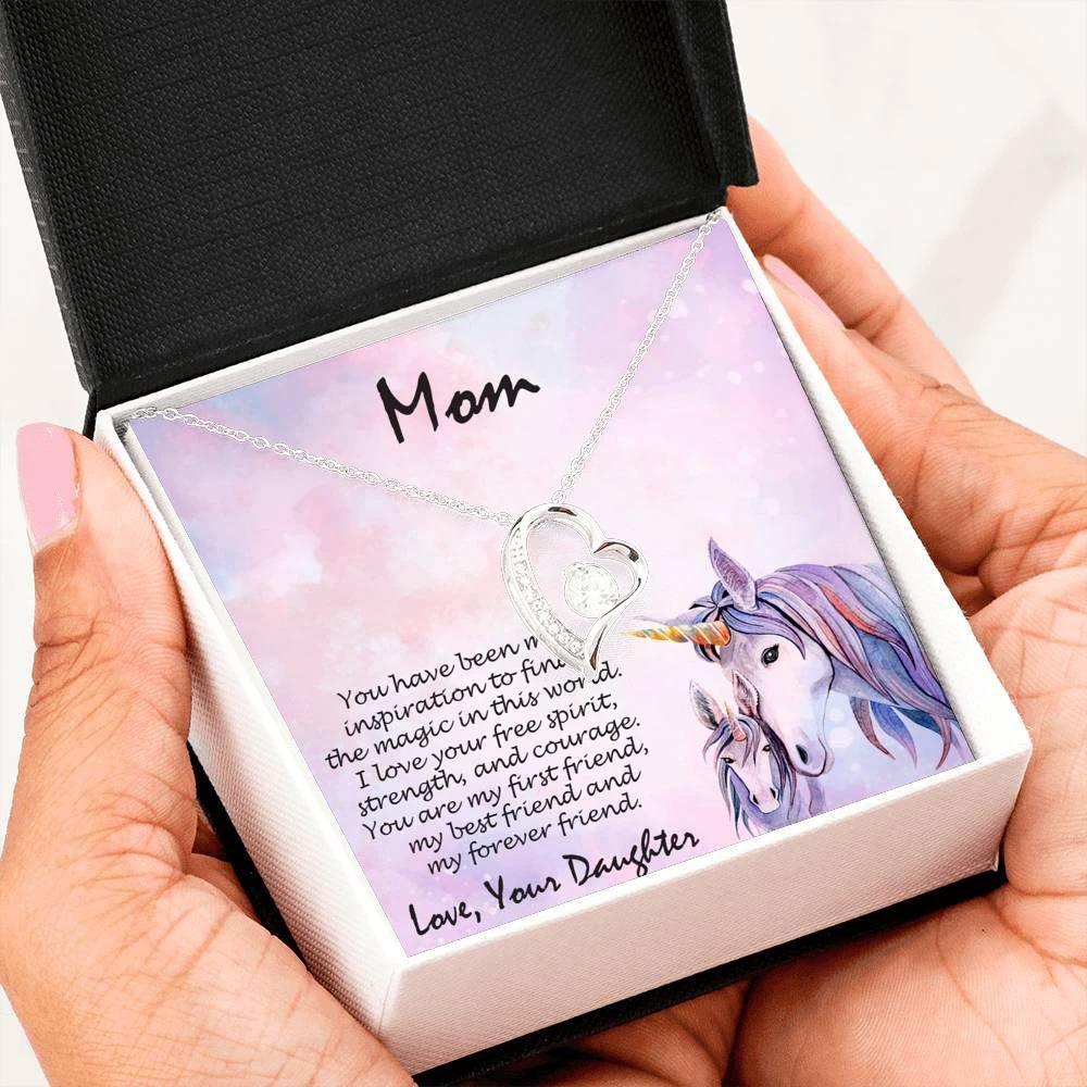 Gift for Mother Forever Love Heart Pendant Necklace From Daughter Unicorn Message Card