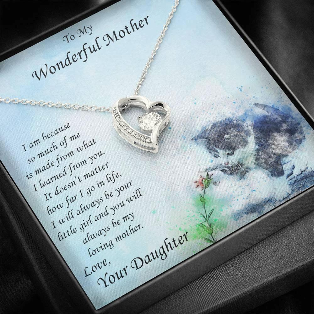 Gift for Mother from Daughter Forever Love Heart Pendant Necklace with Kitten Message Card