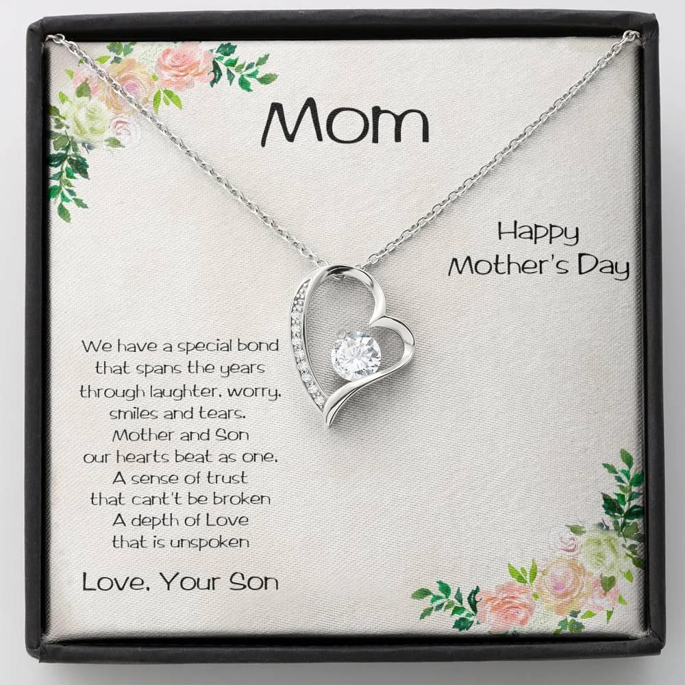 Gift for Mother from Son Forever Love Heart Necklace Vintage Rose Message Card